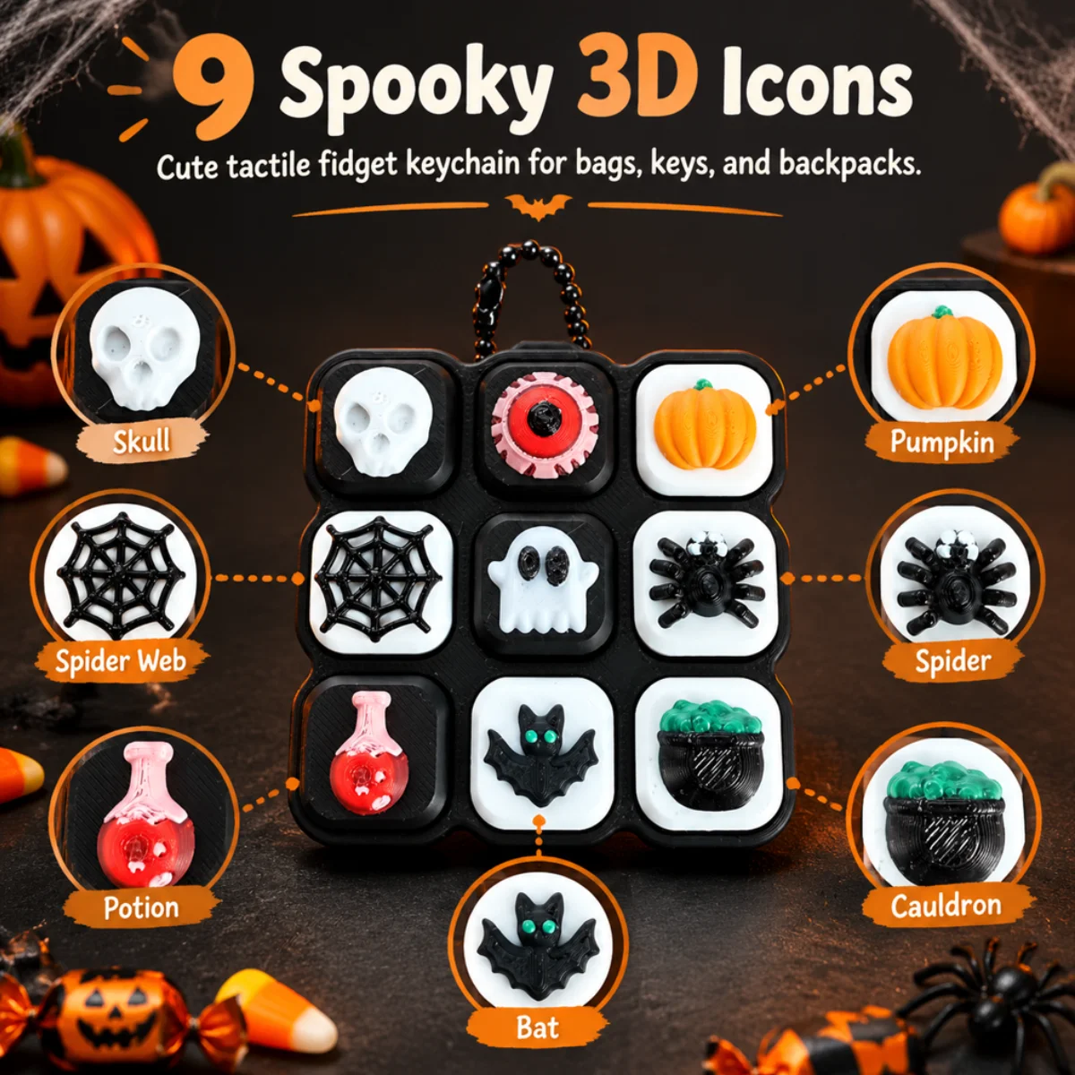 1Pc 9‑Key Clickable Buttons,Eco‑Friendly 3D Printed PLA,Spooky Halloween Themed,Decorative Fidget Toy Keychain Bag Pendant Charm