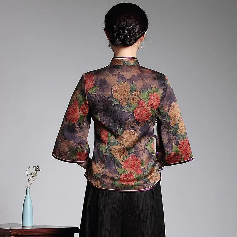 Women\'s Blouses tops 2023 Silk Fabric Prints Splicing Hollow Chinese style Long Sleeve Primer Shirt Ladies Skinny Shirts