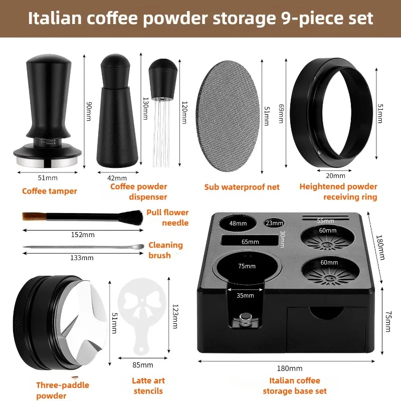 Ensemble d'outils professionnels pour café 9 en 1, comprenant un tamper à espresso, un distributeur, une aiguille et des accessoires pour portafiltre,