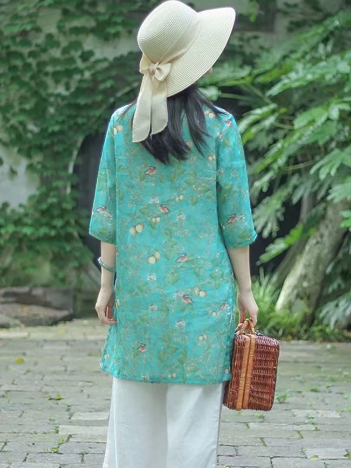 Retro Print Linen Seven-Sleeve Shirt Women Summer New Chinese Style Zen Tea Service Mid-Length Cotton-Linen Top