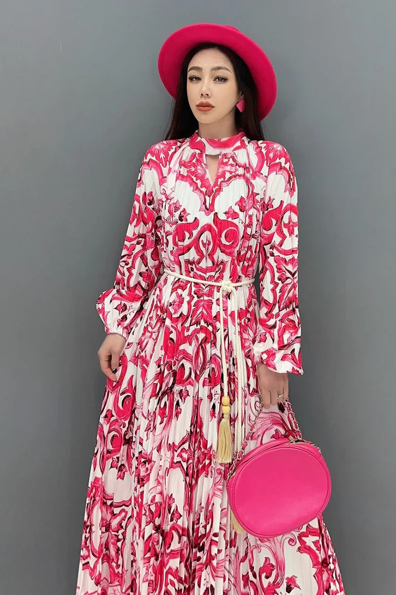 Vefadisa Red 2024 Autumn New Pleated Dress O-Neck Long Sleeve Printed Dress Loose Fashion Elegant Temperament Dress ZXY585AF1