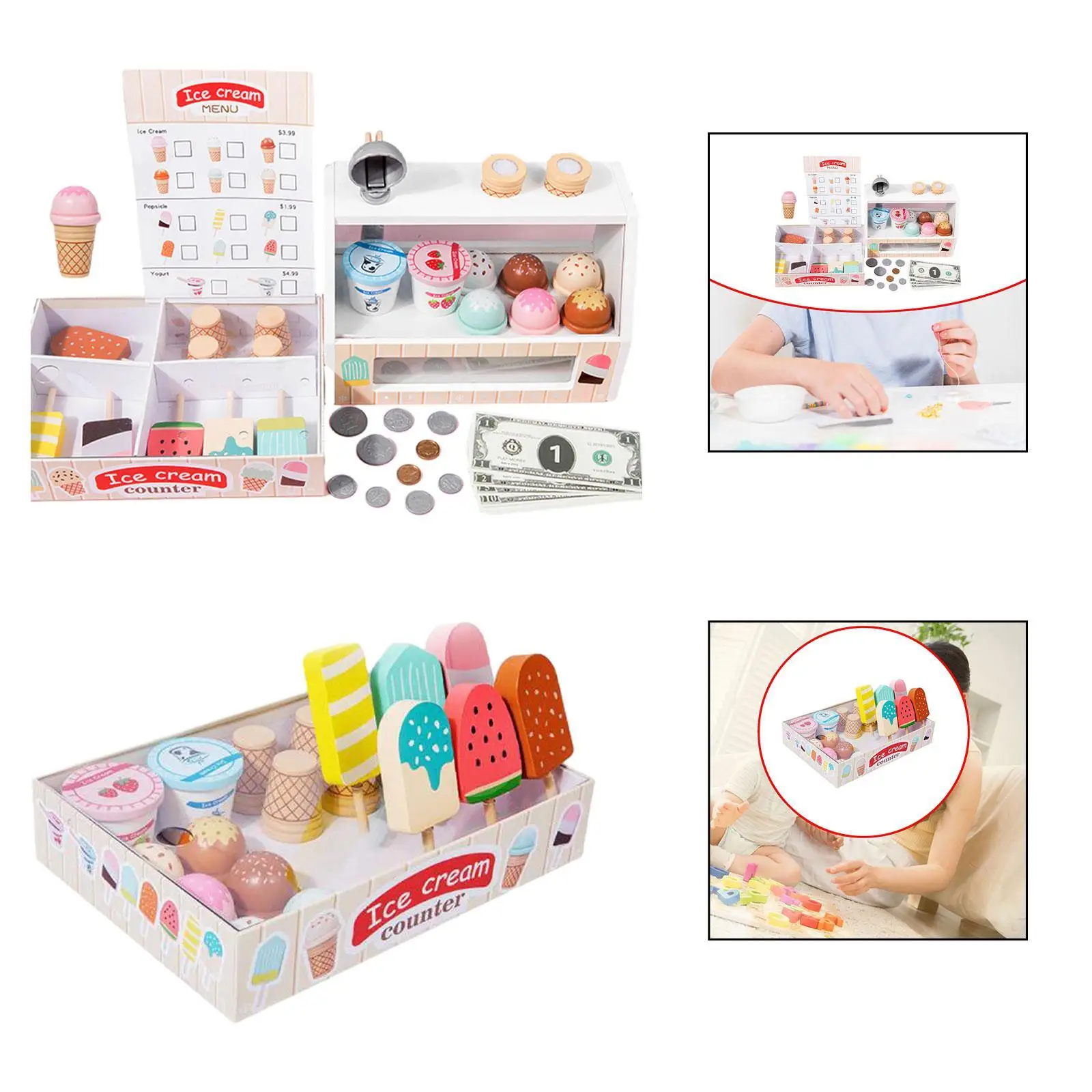 Wooden Ice Cream Counter Playset Education for Preschool Children Girls Boys