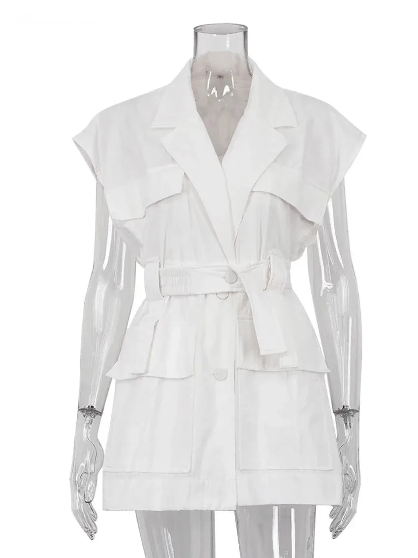 Camicia da donna in cotone bianco allentato alla moda Camicie eleganti senza maniche con risvolto Casual classico Solid Top Abbigliamento femminile MSY9