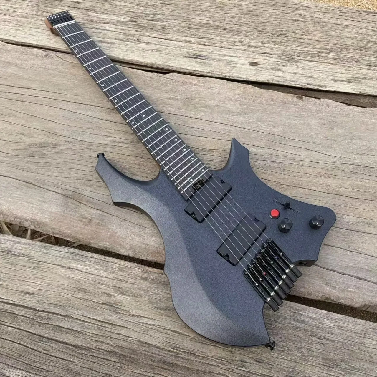 

7 String Black Headless Electric Guitar,9 Piece Roasted Maple Neck, Jumbo Stainless Steel Frets,Fanned Frets Active Pickup
