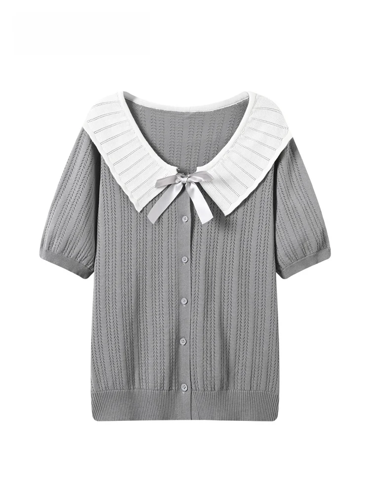 

Summer New plus Size Women's T-Shirt Short Sleeve Hollow out Knitted Top School Style Open Collar Shirt for Plump Sister