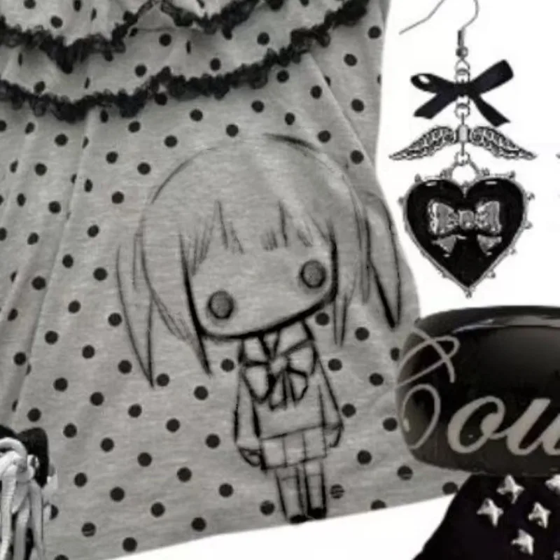 Camisetas con estampado de dibujos animados Kawaii de subcultura japonesa, camisetas de manga corta de lunares Harajuku, Top Retro de Lolita, ropa dulce para mujer