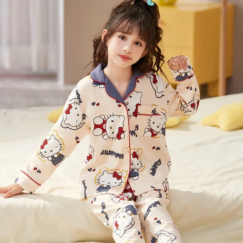 Sanrio Hello Kitty Fall Pure Cotton Long Sleeve Trousers Casual Children Pajamas Home Wear Silk Pajamas Women\'s Sleepwear Suit