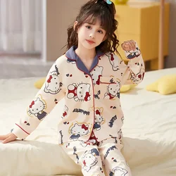 Sanrio Hello Kitty Fall Pure Cotton Long Sleeve Trousers Casual Children Pajamas Home Wear Silk Pajamas Women's Sleepwear Suit