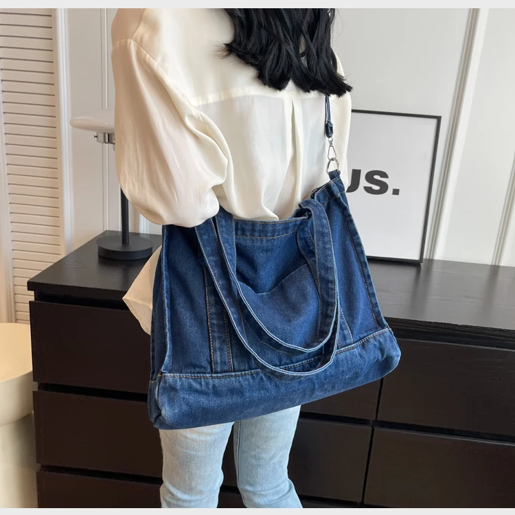 Large Capacity Denim Blue Women\'s Shoulder Bag Solid Color Female Tote Crossbody Bag Shopping Bags Retro College Girls Handbags