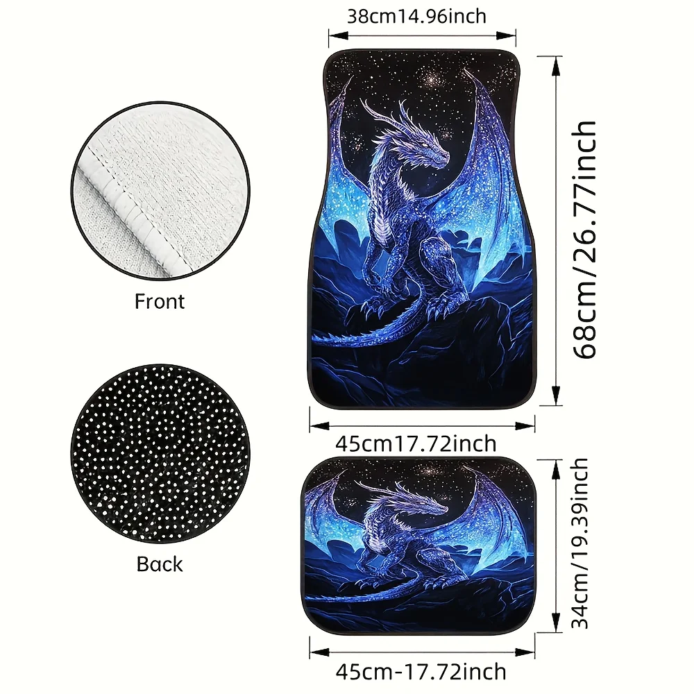 4pcs Starry Blue Dragon Car Mat Set, Universal Anti-Slip And Dustproof Front & Rear Floor Mats, Dreamy Sky Blue Dragon Print Int