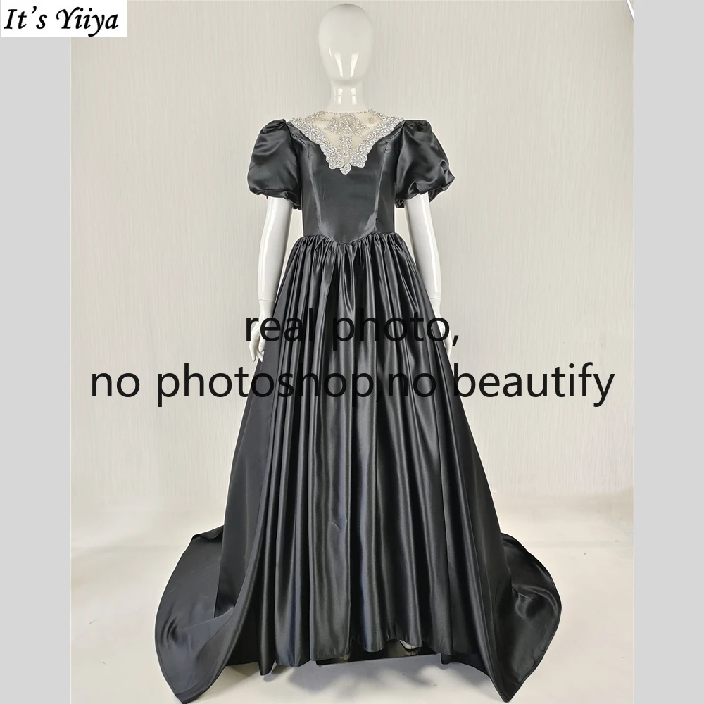 It's Yiiya Customized Real Photo Black Satin Beads Appliques O-neck Short Sleeves Trailing Plus size Lady party Formal Ball Gown