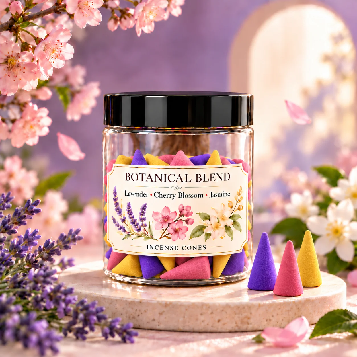 Lavender Cherry Blossom Jasmine Mixed Incense Cones, Soft Sweet Floral Scent, Long Lasting, for Meditation Relaxation Home Decor