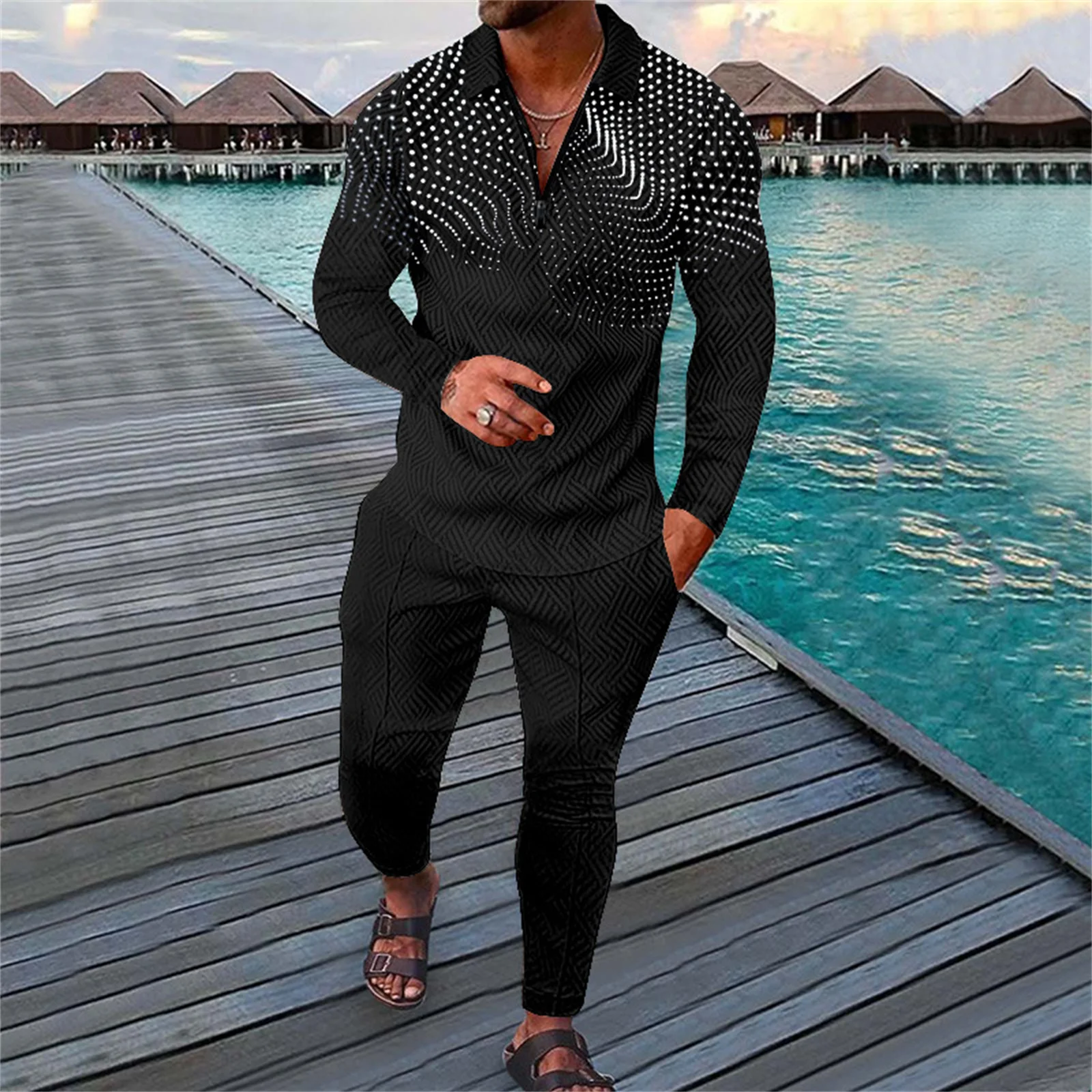 Costume de sport à manches longues pour hommes, t-shirt imprimé, pull à revers, pantalon slim, décontracté, tendance de la mode, Europe et États-Unis