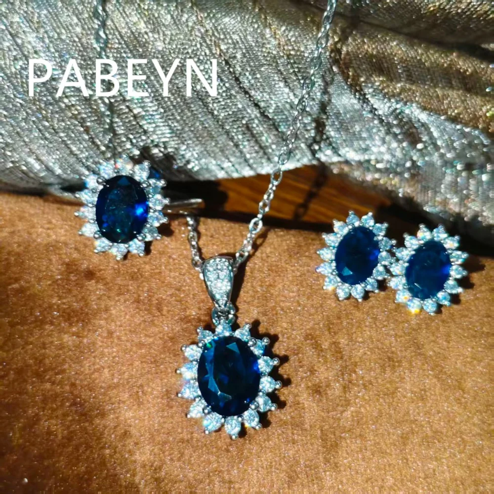 

925 Sterling Silver Fashion Premium Blue Zircon Necklace Ring Stud Earrings Set Birthday Party Anniversary Gift Ladies Jewelry