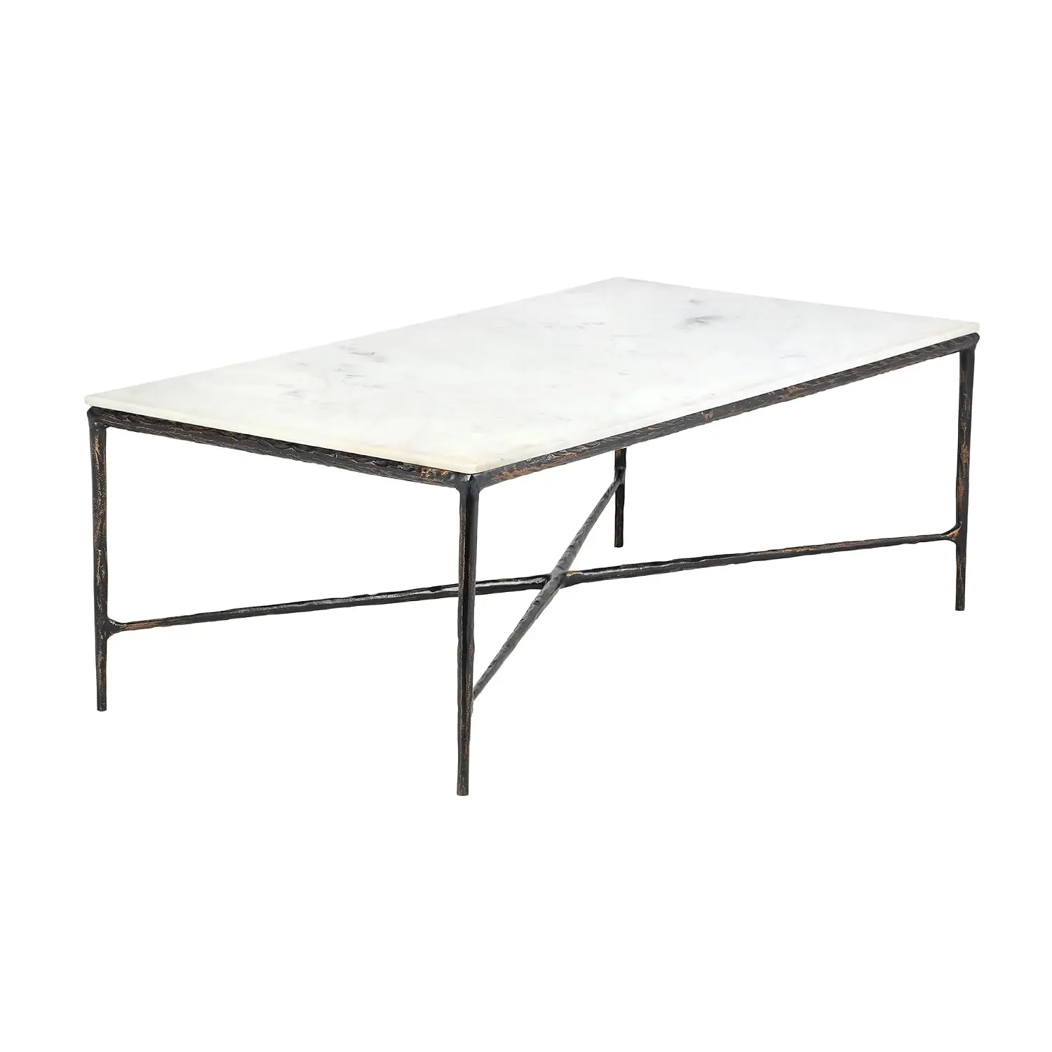 52" Large Rectangular Marble Coffee Table with Bronze Metal Frame, Transitional Handmade Solid Stone Living Room Center Table, W