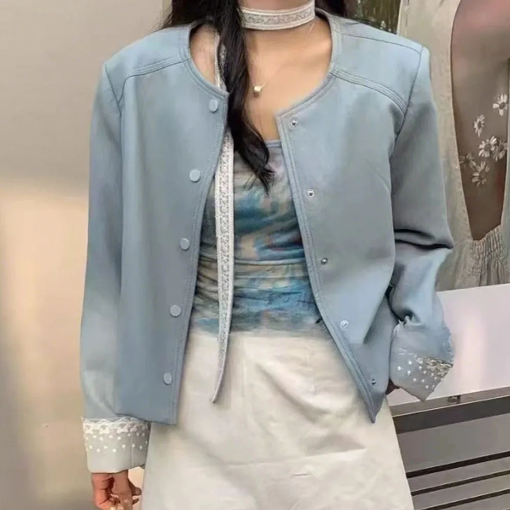 Women Leather Jacket Coat Lace Ribbon Spliced Candy Colored Jacket 2026 Spring Autumn High End Fashion Versatile Outerwear Top