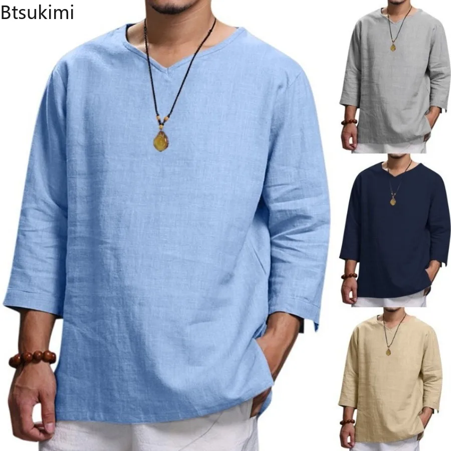 

2025 New Men's Solid Casual Blouse Cotton Linen Shirt Loose Tops Long Sleeve Tee Shirt Spring Autumn Casual Handsome Men Shirts