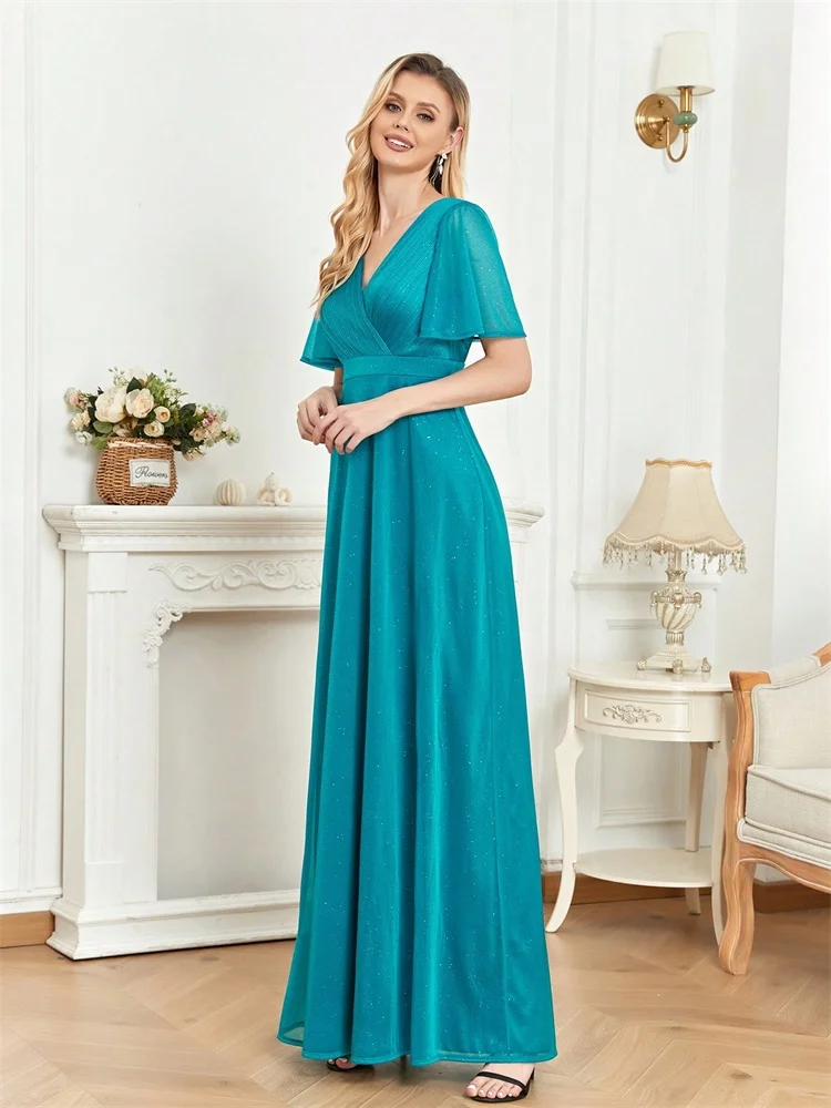 XUIBOL robe de soirée élégante femmes manches courtes bleu col en v robe de soirée 2025 fête de mariage bal robes de Cocktail Vestido
