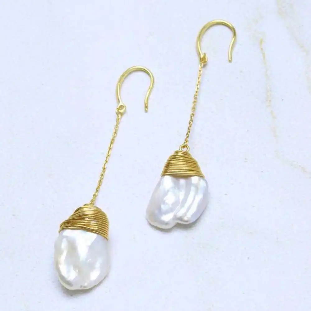 

White Baroque Freshwater Pearl Coin Pearl Earrings 18k Chain Eardrop Aquaculture Jewelry Holiday gifts