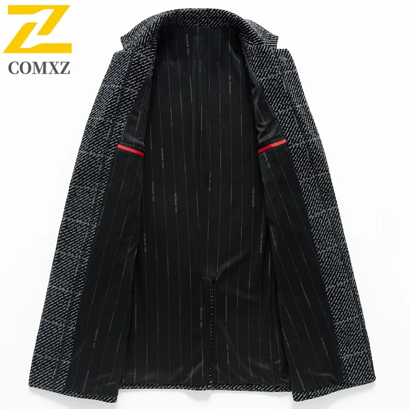 COMXZ Men Long Sleeve Windbreaker Thicken Business Casual Mid Length Chenille Coat Outdoor Tactic Fleece Lining Sportwear 2025