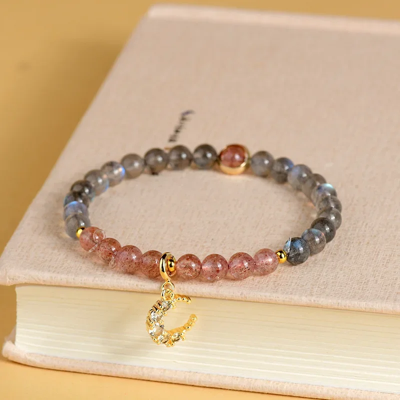 Natural Crystal Lavolite Moonlight Strawberry Crystal Bracelet Moon Pendant Original Luxury Ladies Beads Hand String Ins Jewelry