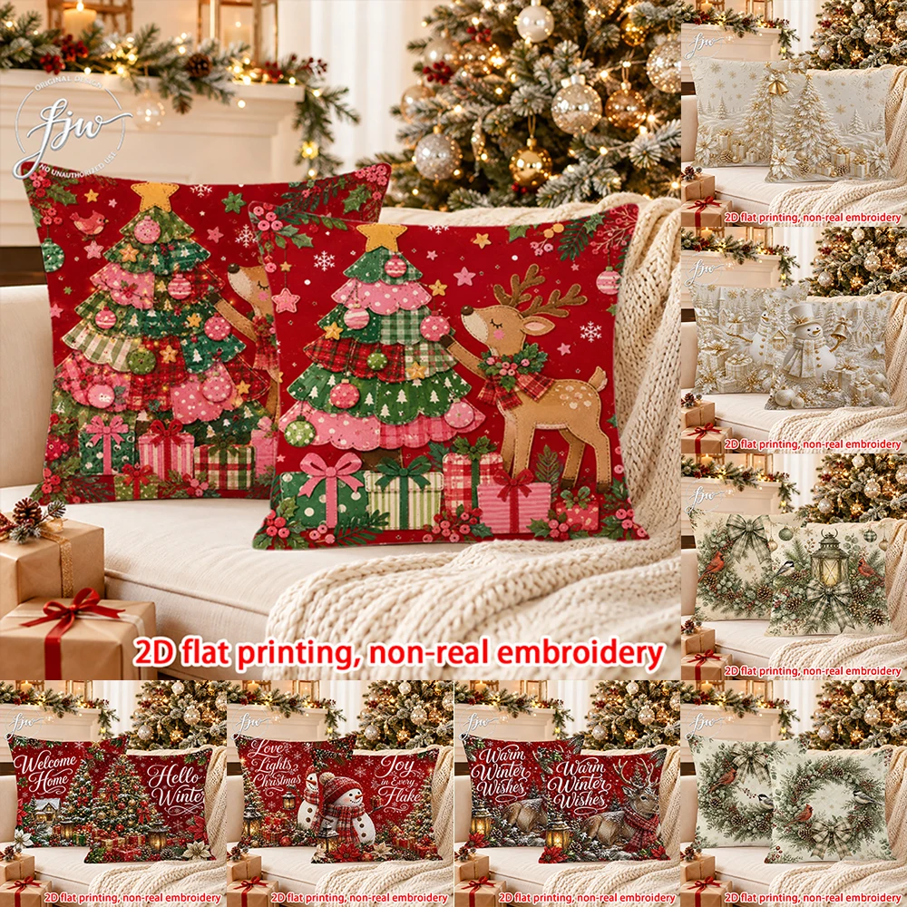 2pcs Christmas Throw Pillow Covers 2PCS Xmas Tree Reindeer Snowman Wreath Holiday Decorative Cushion Cases for Home Sofa Couch
