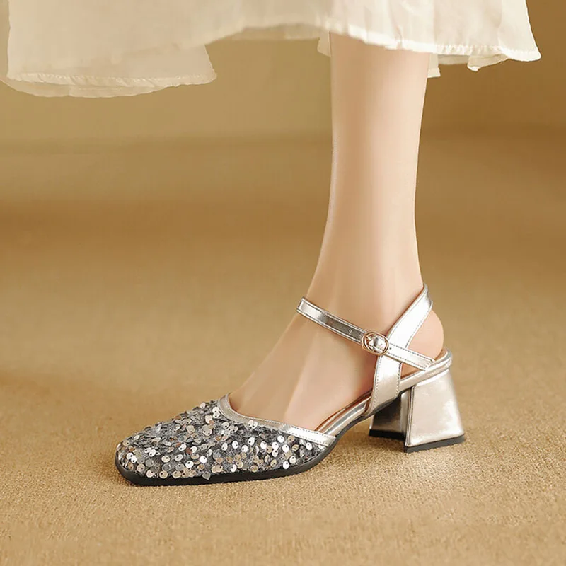 

Phoentin Bling Slingbacks Pumps Square Toe Elegant Woman Heeled Shoes Sequin Cloth High Heels 2024 Summer FT3344