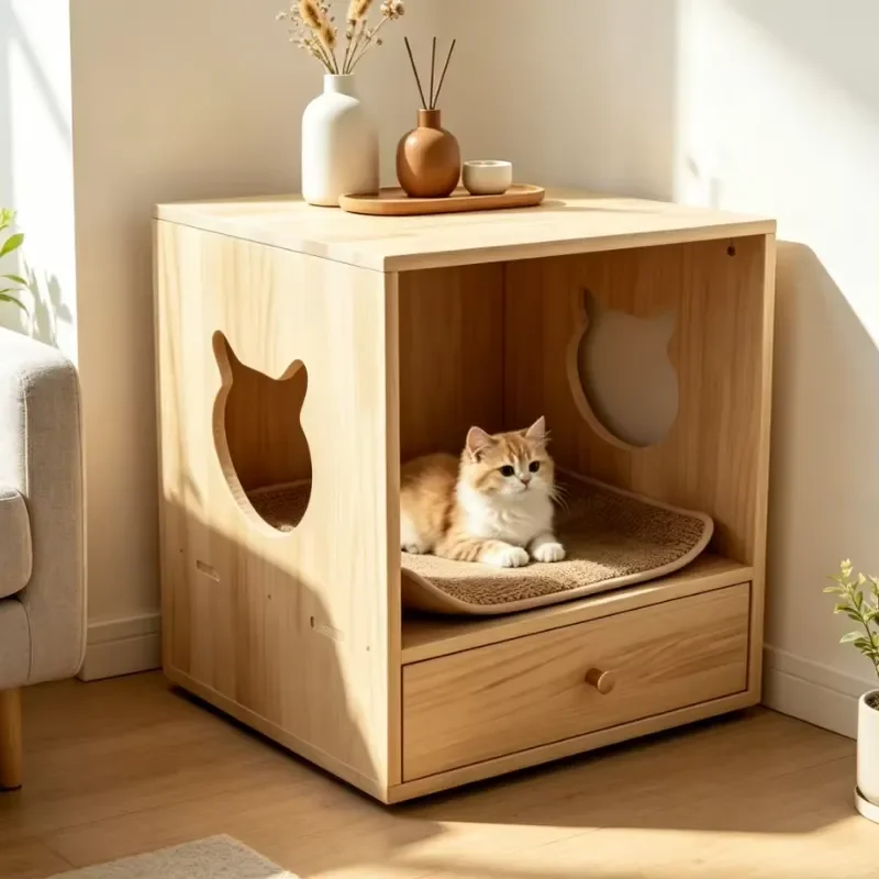 2 in 1 Human & Pet Shared Side Table Cat Cave Nightstand Indoor Cat Hideaway House With Storage Drawer for Living Room