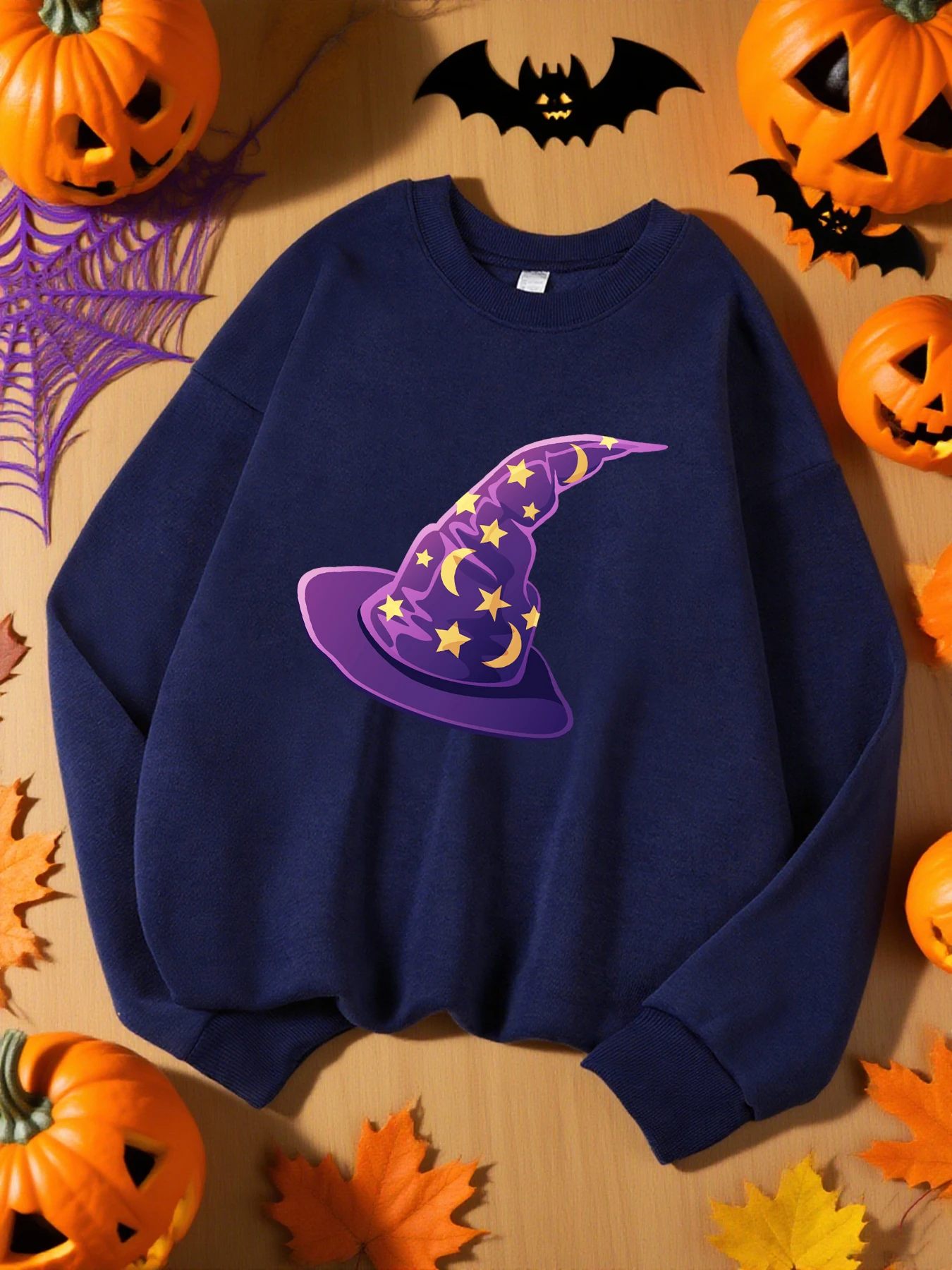 Star And Moon Witch Hat Prints Women Sweatshirt Sport Fleece Top O-Neck Autumn Pullovers Comfortable Fashion Clothes Couple