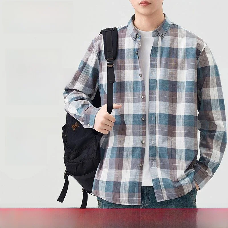 

Men's Casual Long Sleeve Shirt Gradient Plaid Fashionable Spring Summer High End Feeling Cotton Inner Wear Regular Length