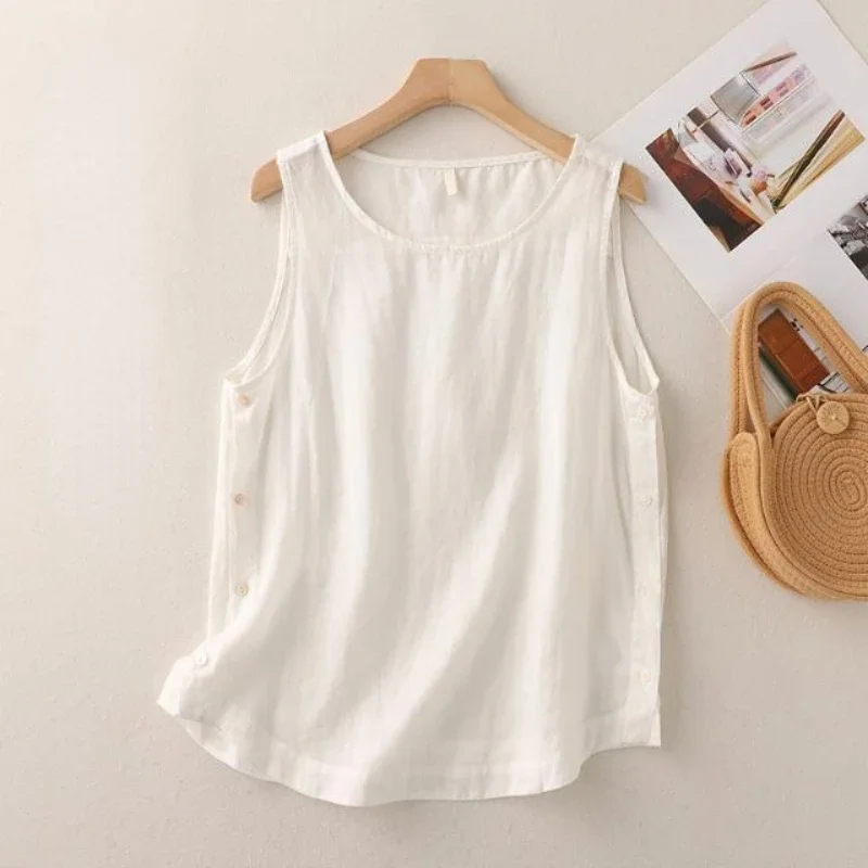 Casual Cotton Linen Vest Women's Summer Loose Simple Orange Tank Top O-Neck Side Button Design Solid Pullover Sleeveless T-shirt