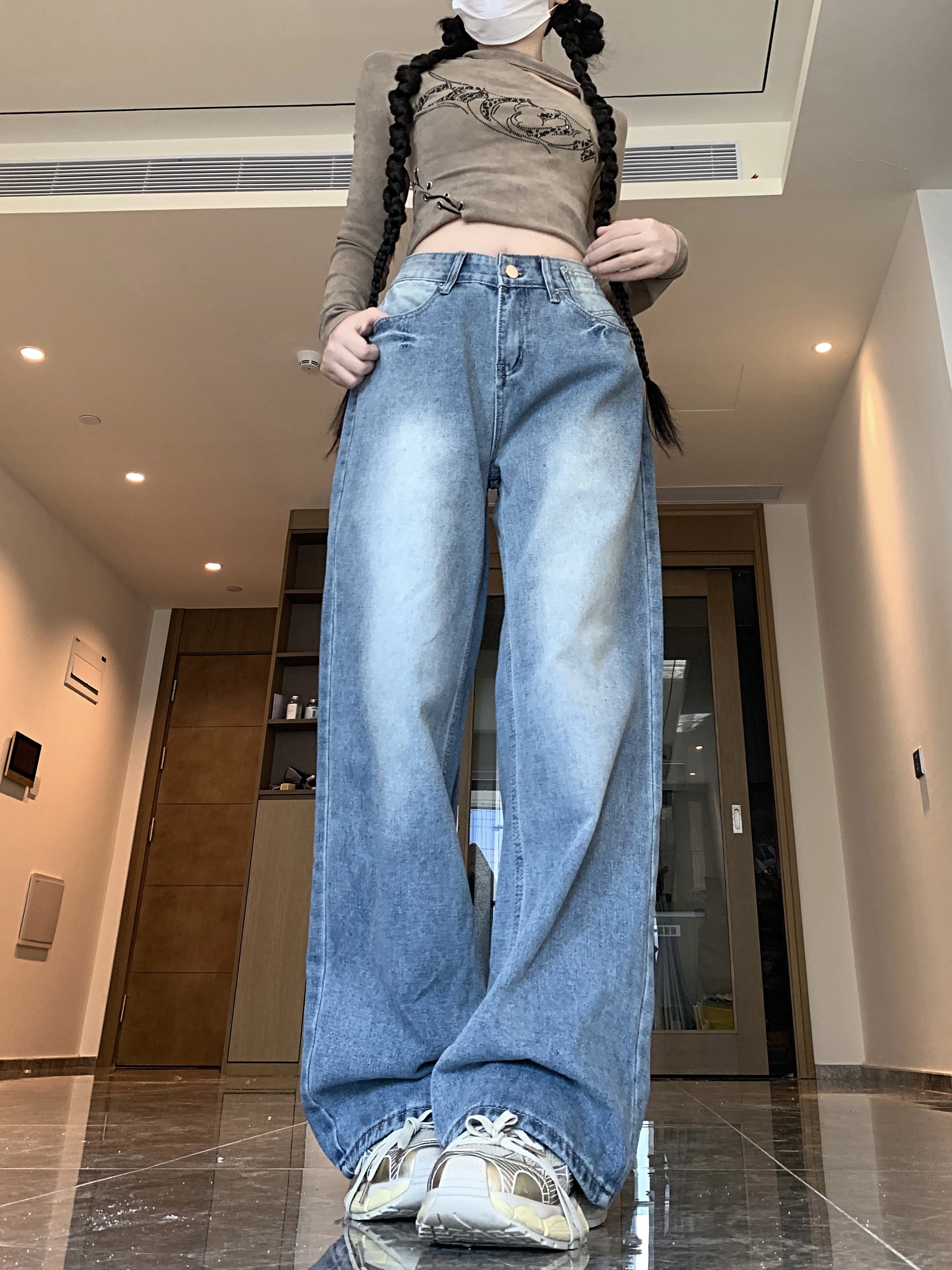 Primavera nova rua retro americana lavada jeans retos calças de perna larga feminina