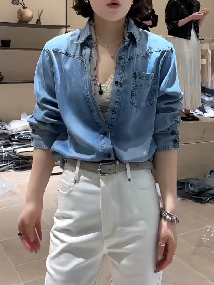 

Vintage Blue Denim irt Women's Early Spring Design oulder Level irt Outerwear Casual Loose Fit Long Sve Button up