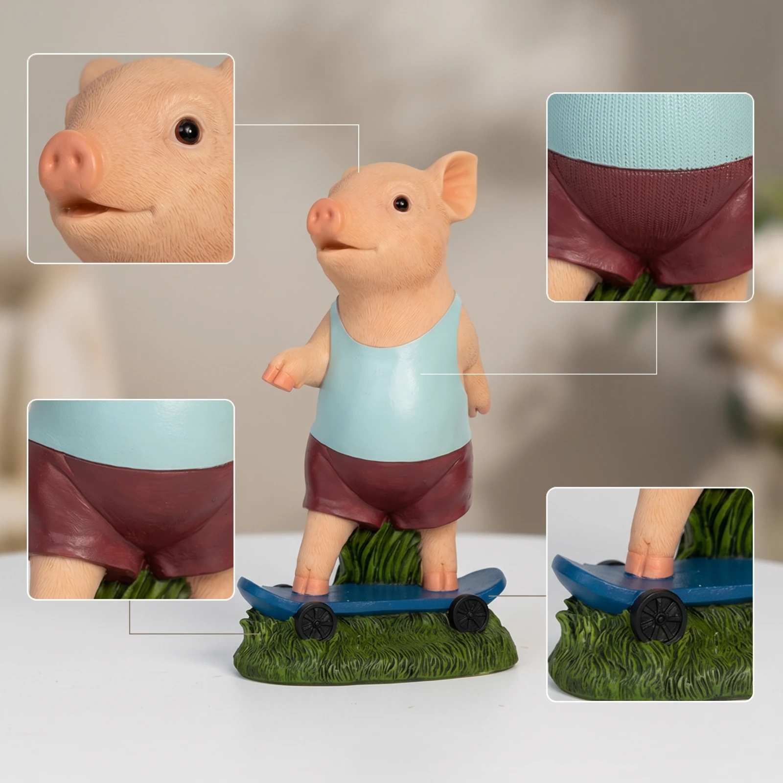 Pig Statue with Skateboard Whimsical Skateboarder Pig Ornament Garden Decor Weather-Resistant Figurine Compact for Gardeners