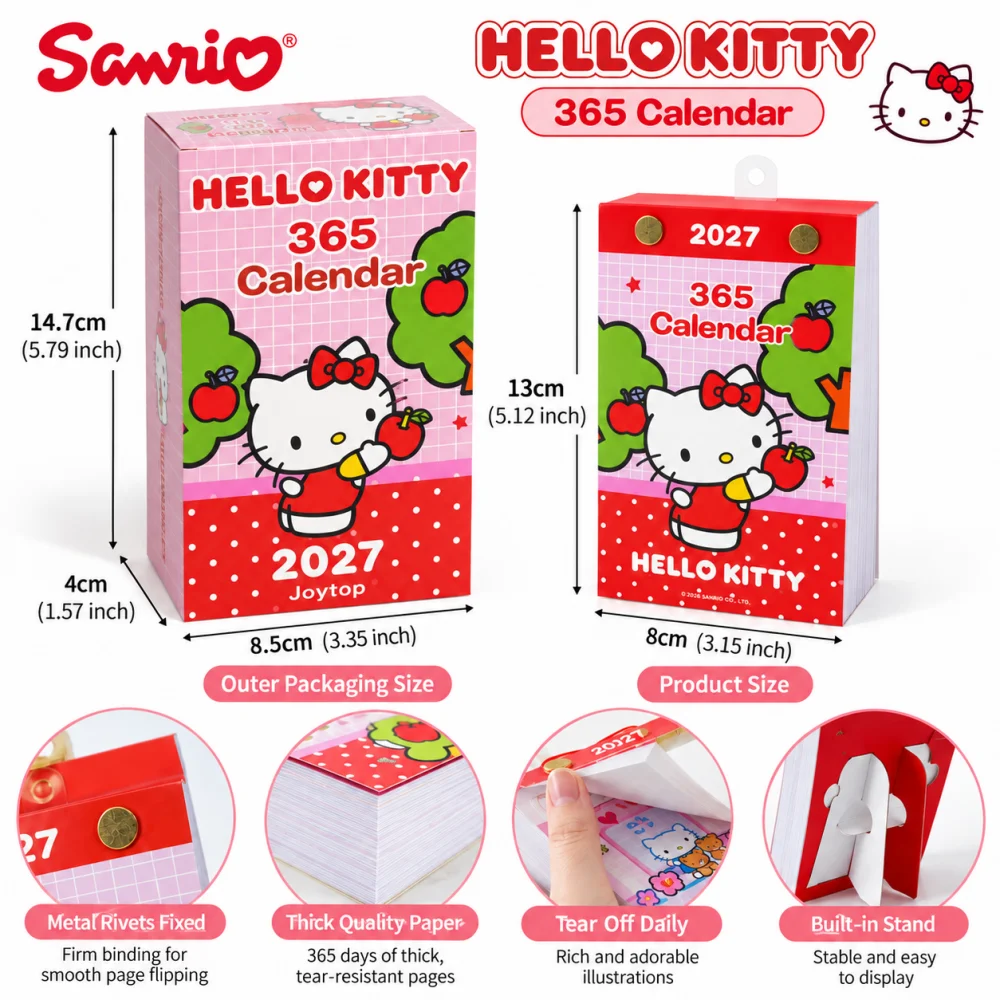 Genuine Sanrio Hello Kitty 2027 365 Day Desk Calendar Daily Tear Off Desktop Planner Built In Stand Office Home Kawaii Cute Gift