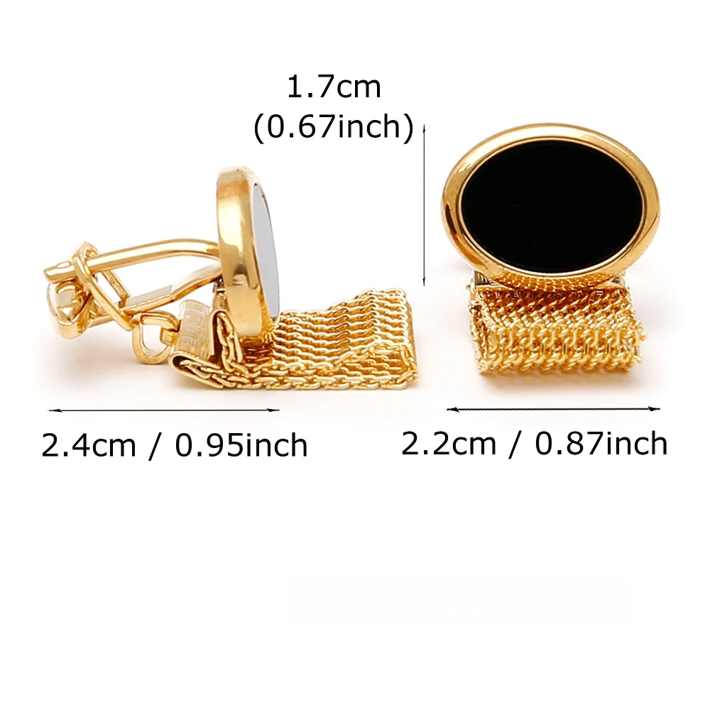 Chain Style Men's Gentleman Business Cufflinks Round Black Stone Inlaid Sleeve Studs Metal Chain Decoration Formal Shirt Cuffs