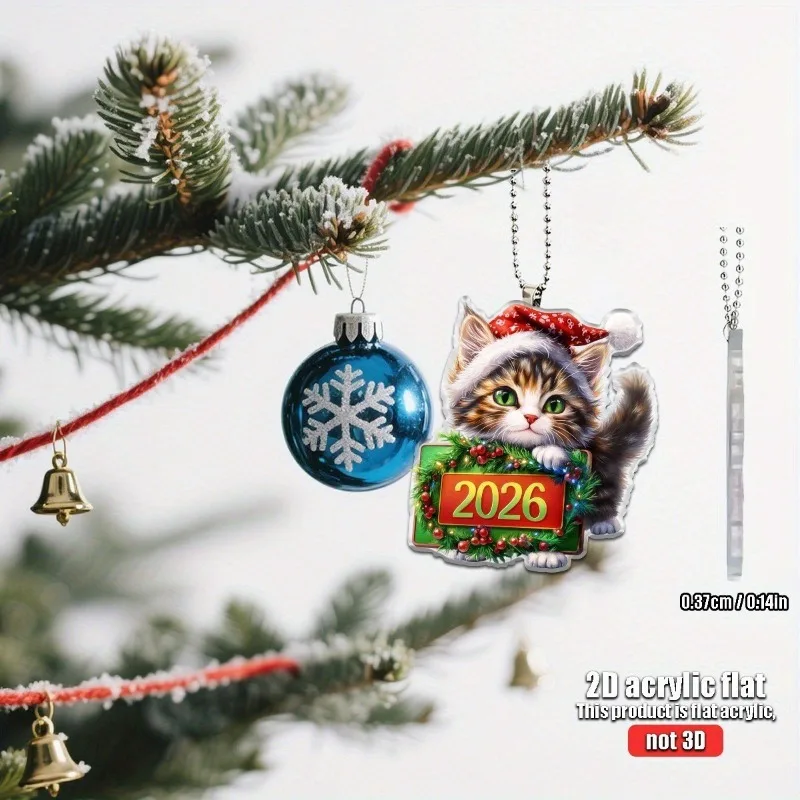 2026 Christmas Mark Cat Ornament 2D Acrylic Funny Cat Ornaments Christmas Tree Cat Hanging Decorations Home Party Xmas Decor