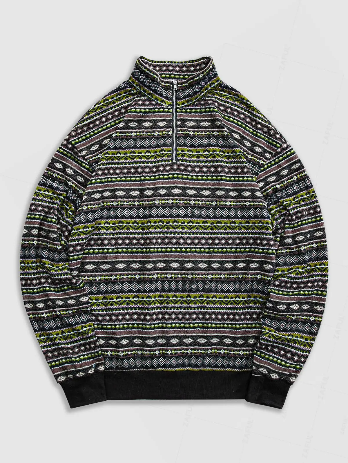 Men's Vintage Ethnic Print Quarter Zip Long Sleeve Stand Collar Pullover Sweatshirt