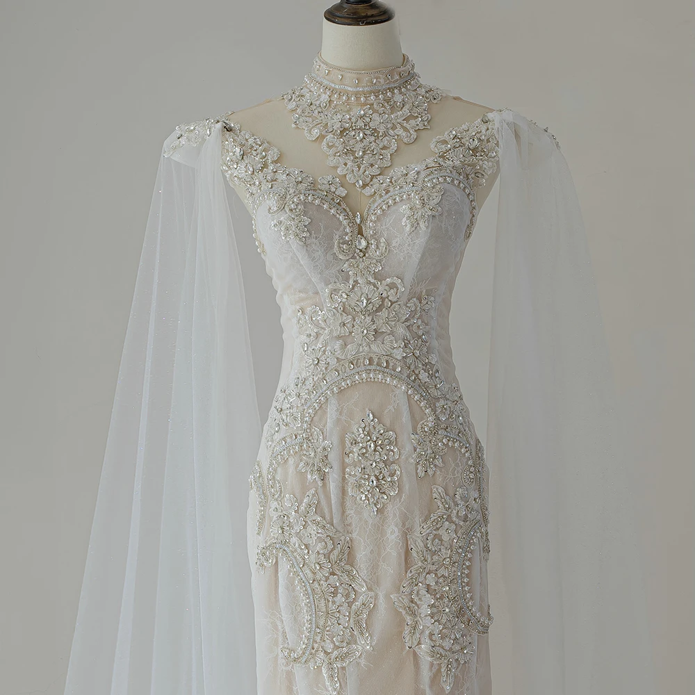 Fabrik Großhandel Förderung Hochzeit Kleid Angepasst Elegante Hochzeit Meerjungfrau High Neck Perlen Backless Vestido Noiva QW01913