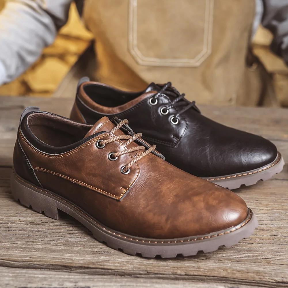 Mens Round Toe Derby Shoes Low-Cut British Style Vintage PU Leather Boots Lace-Up Business Casual Comfortable Versatile Footwear