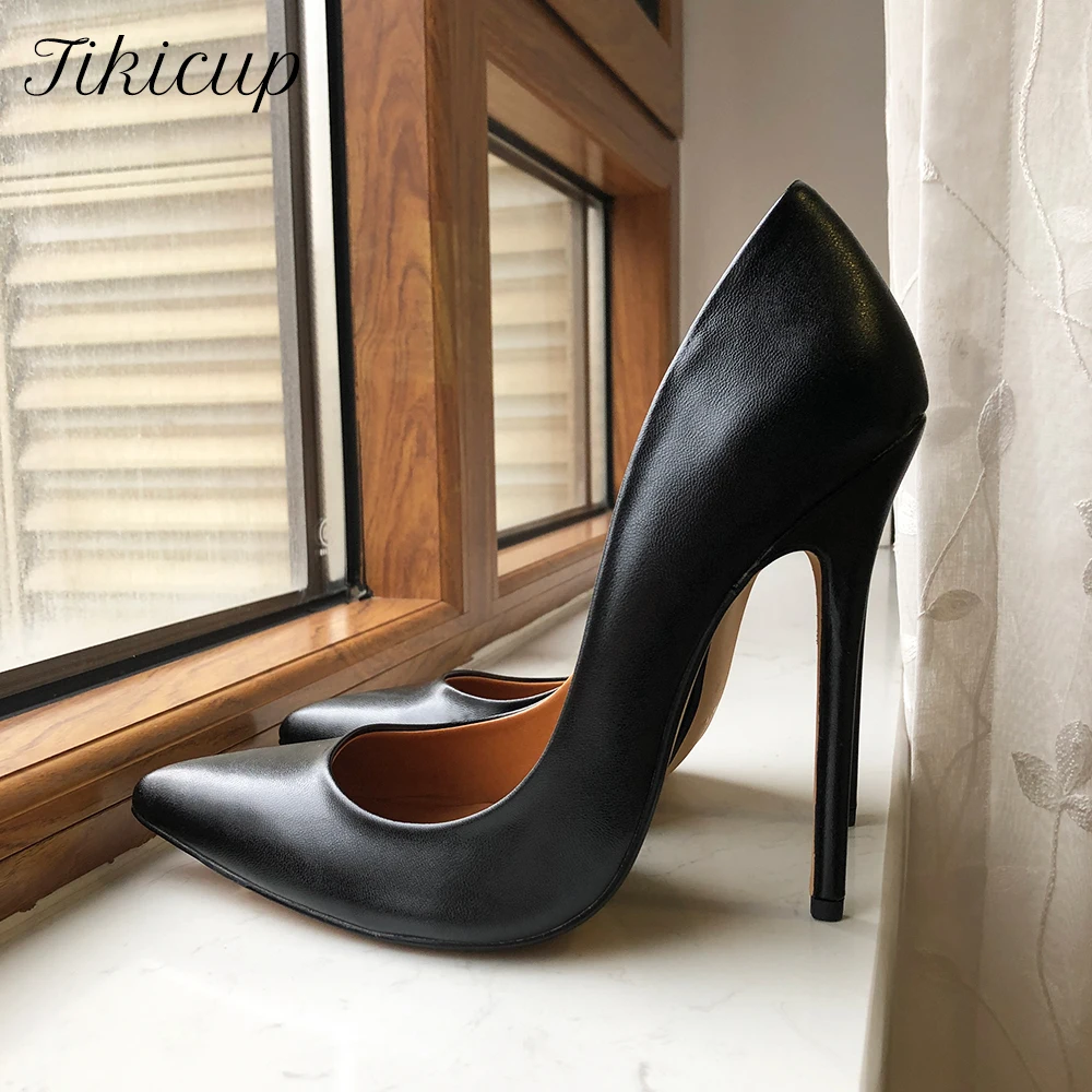 Tikicup Plus Size 40-48 Black Matte Unisex Pointy Toe Stiletto Pumps Sexy Crossdress Slip On 15cm High Heel Shoes for Wide Foot