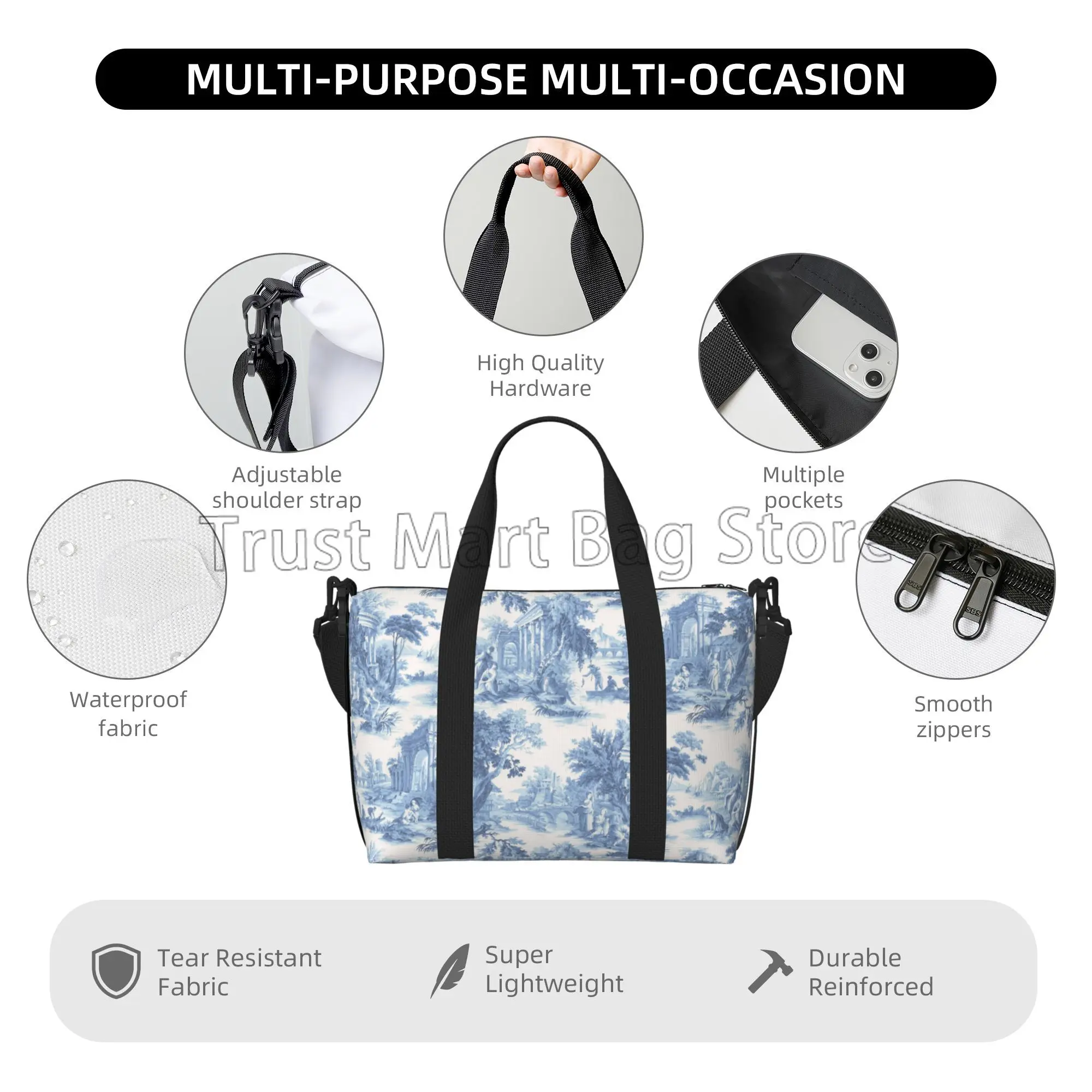 French Toile De Jouy Travel Bag Unisex Multipurpose Waterproof Duffel Bag Overnight Weekender Luggage Bags Sports Gym Yoga Bag