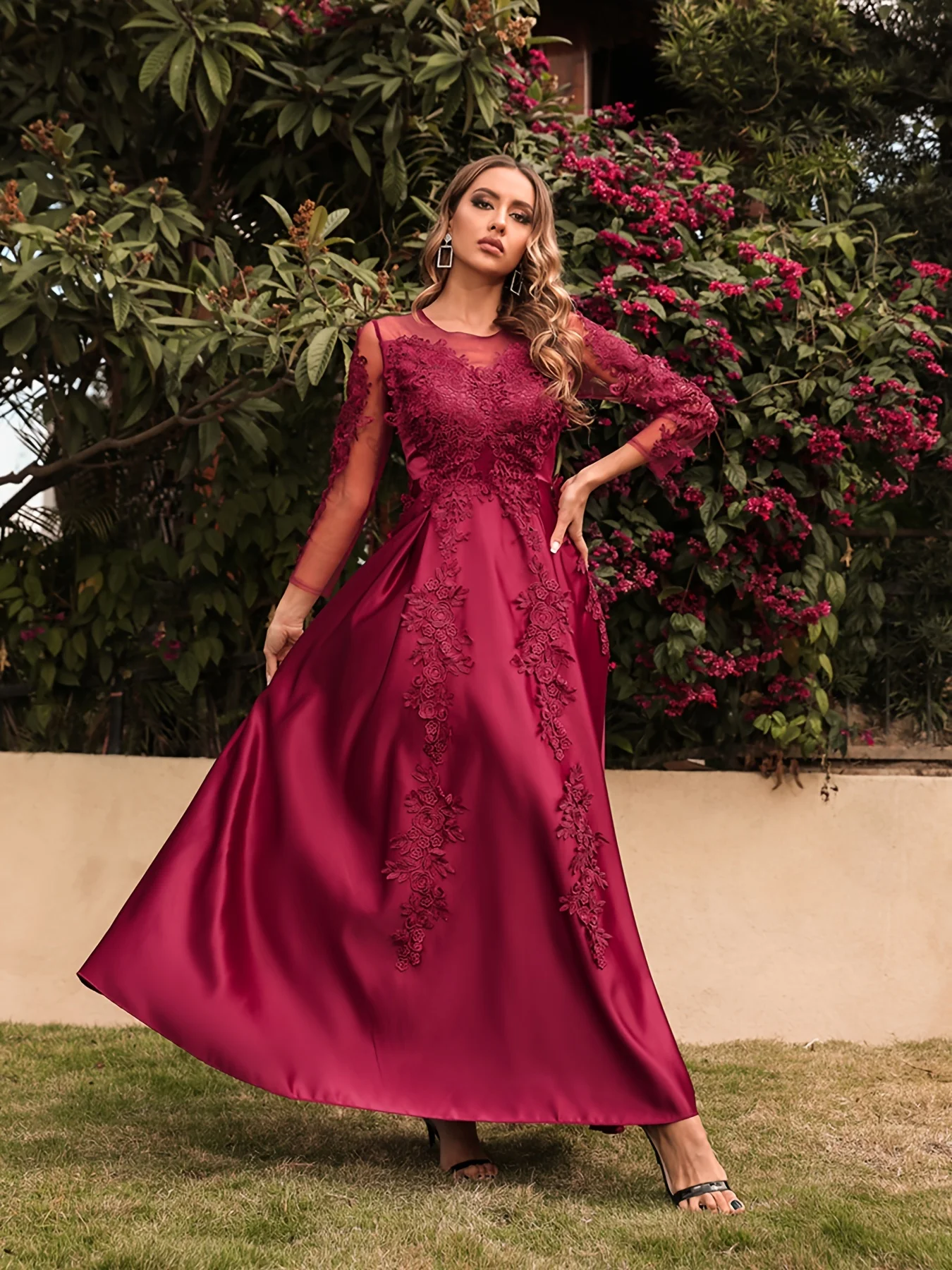 Vestido de noite renda sólida grande balanço manga longa contraste robe cintura alta babados roupas femininas vintage mãe da noiva vestido