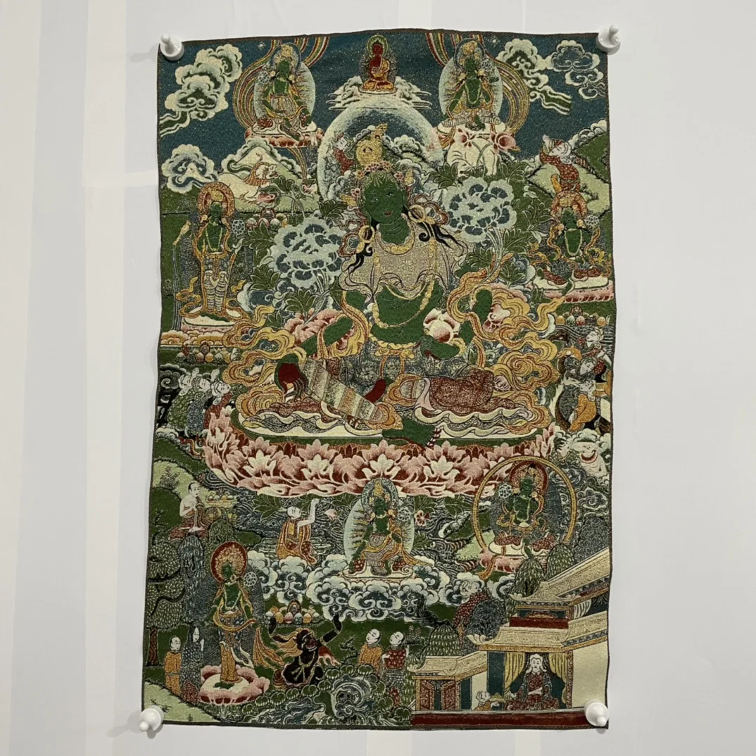 

35"Thangka Embroidery Tibetan Buddhism silk brocade Green Tara Buddha Thangka hanging screen worship buddha Exorcism