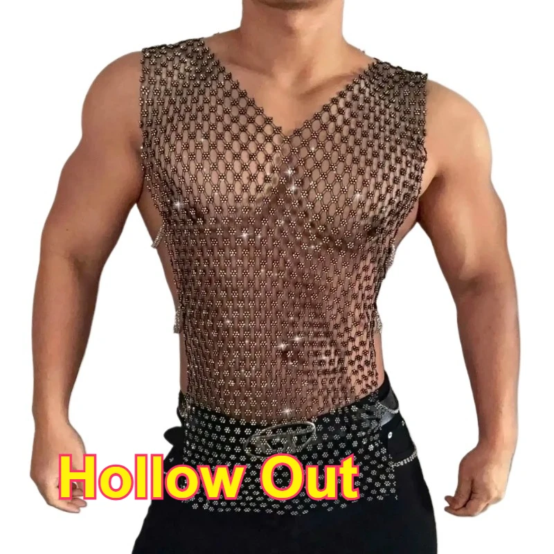 Men Sexy Hollow Out Flash Drill Trainning T-shirts Flash See Through Sexy Vest Shiny Diamond Chain Decor Nightbar Clubwear