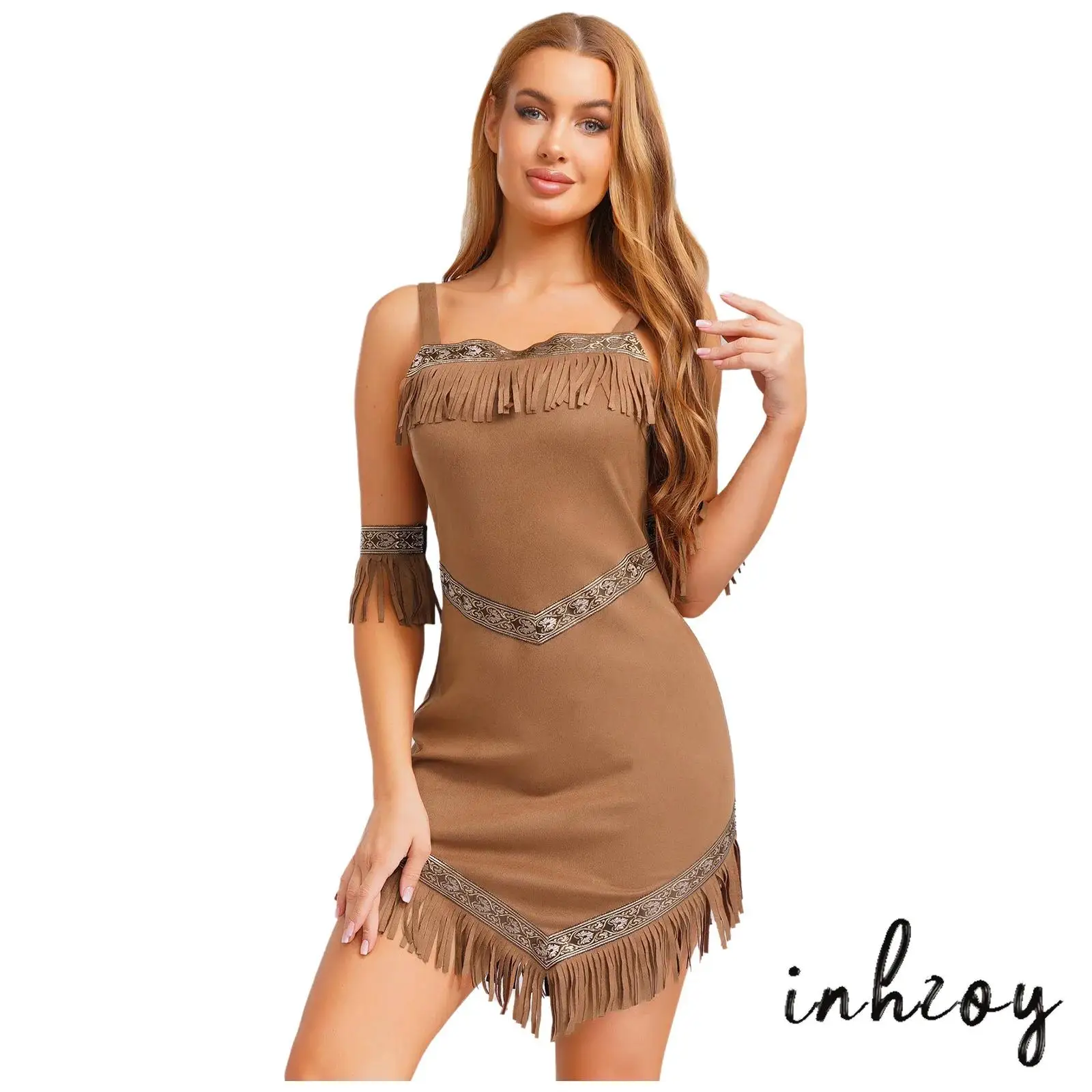 

Womens Princess Cosplay Dress Native Tribe with Armbands Retro Pattern Trim Tassel Sling Dress Viking Pirates Faux Suede Costume