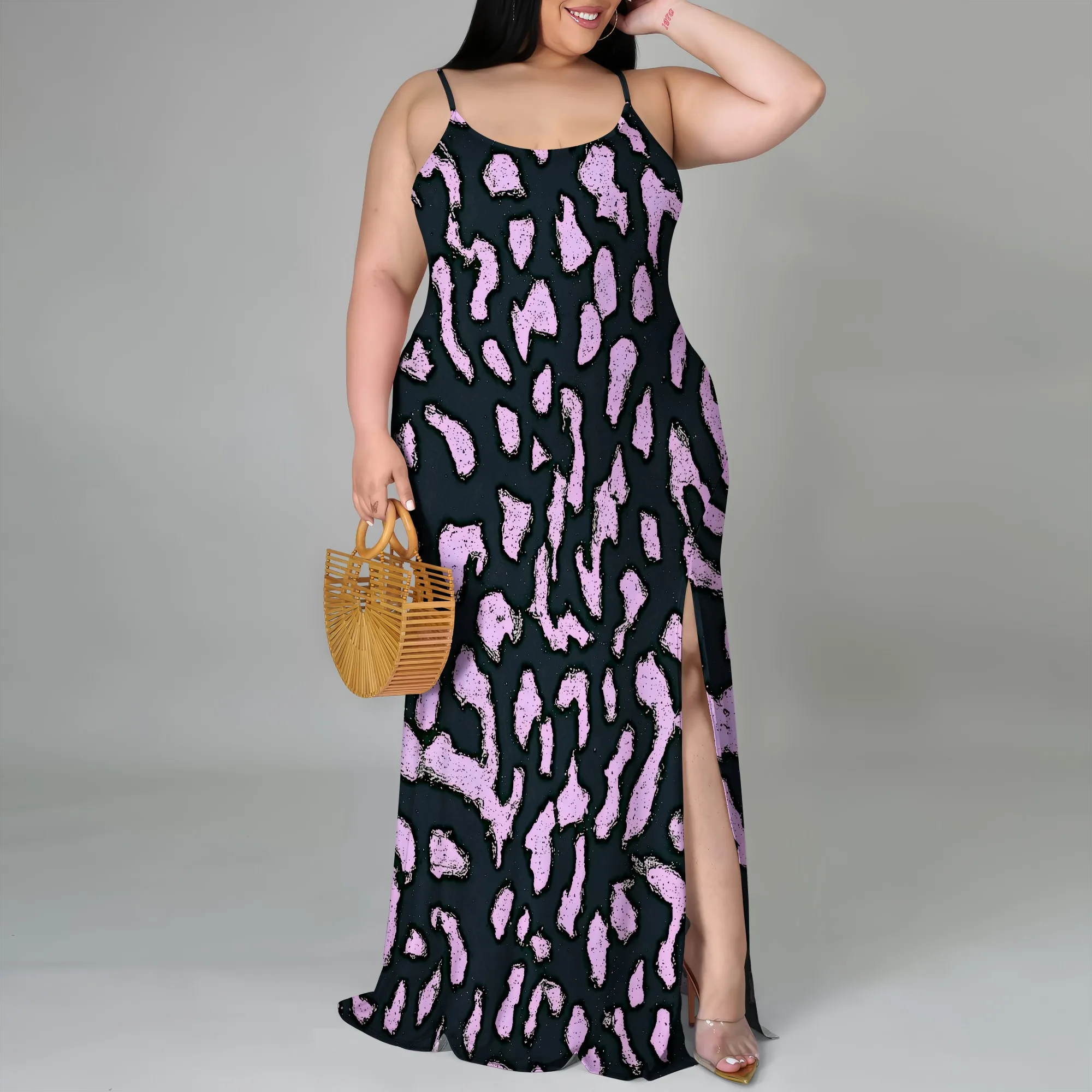 

Plus Size Leopard Print Maxi Dress with Side Slit - XL-6XL Spaghetti Strap Dress for Summer Parties & Beach Vacations