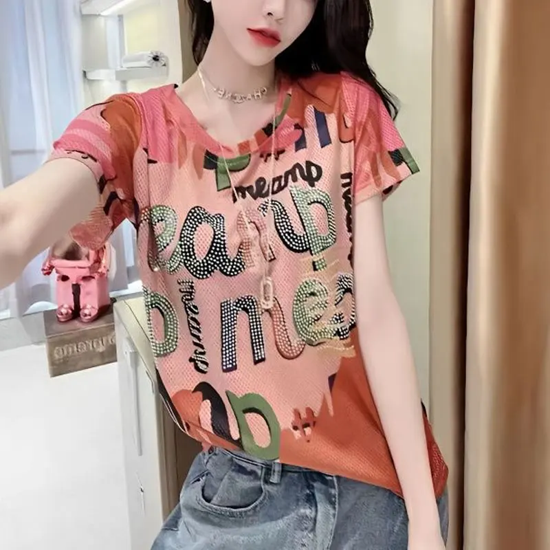 Women\'s Clothing Casual Letter T-shirt Summer Short Sleeve Fashion Diamonds Printed Commute Korean Round Neck Straight Pullovers