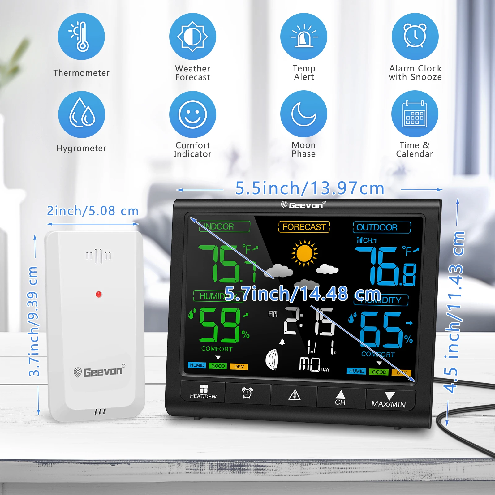 Geevon Weather Station Wireless Indoor Outdoor Thermometer, Digital Temperature Humidity Monitor With Adjustable Backlight