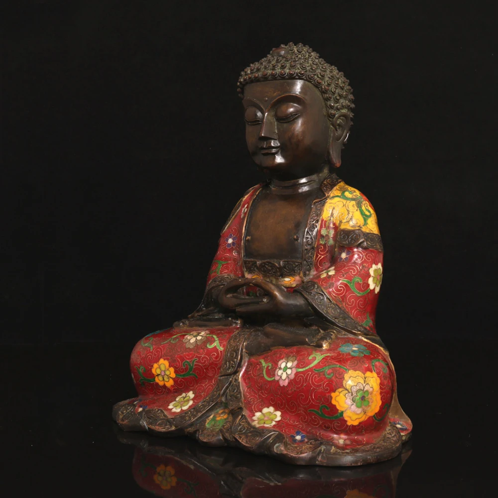 Vairocana Buddha Statue Cloisonne Enamel Copper Body Gold Wire Serene Face Heavy Patina Fine Craftsmanship Altar Decor